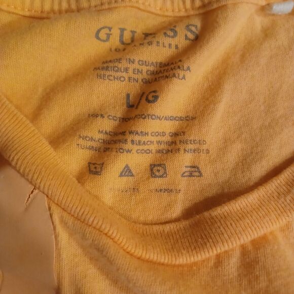 Guess Shirt Mens Large Yellow Short Sleeve Spellout Striped Tee - Picture 3 of 7